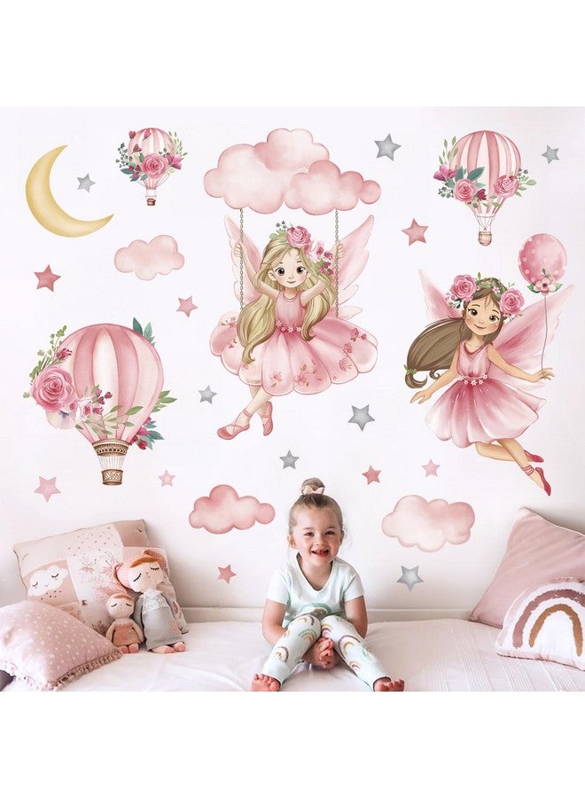 wondever Pink Fairy on Swing Wall Stickers Girl Hot Air Balloon Flowers Peel and Stick Wall Art Decals for Baby Nursery Kids Girls Bedroom - Image 3
