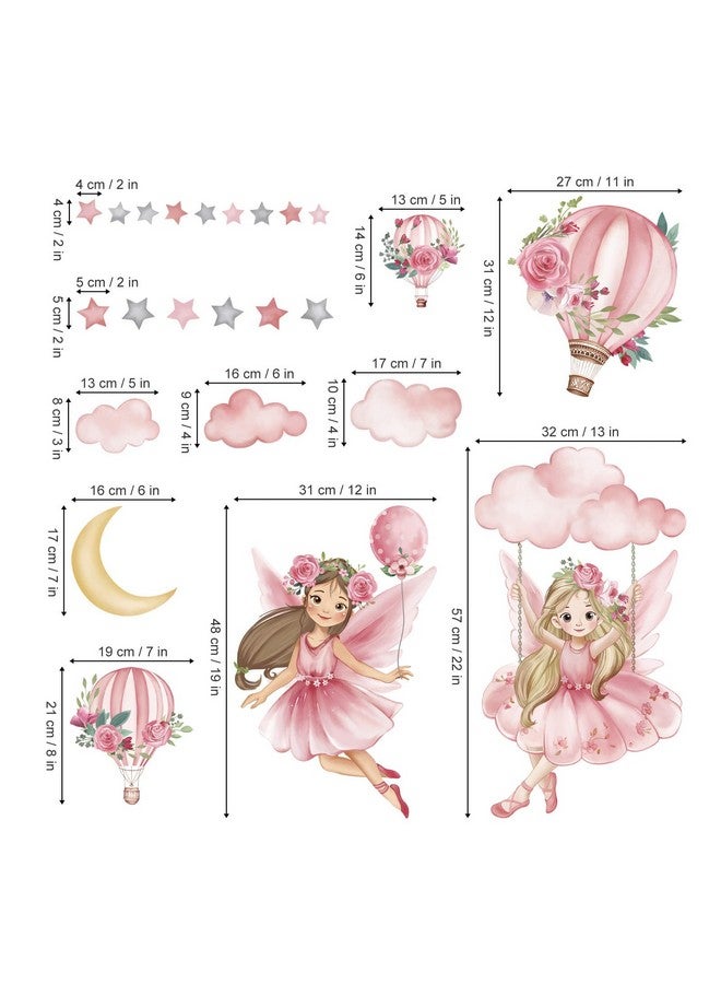 wondever Pink Fairy on Swing Wall Stickers Girl Hot Air Balloon Flowers Peel and Stick Wall Art Decals for Baby Nursery Kids Girls Bedroom - Image 5