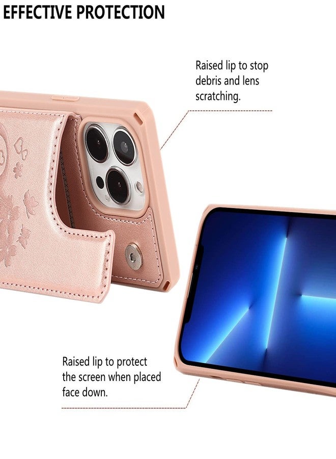 iCoverCase Compatible with iPhone 13 Pro Wallet Phone Case with Card Holder for Women, RFID Blocking Embossed PU Leather Wrist Strap Case 6.1 Inch (Heart Rose Gold) - Image 4