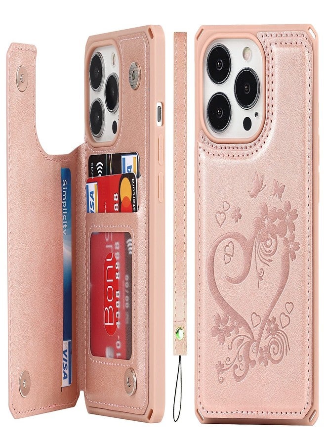 iCoverCase Compatible with iPhone 13 Pro Wallet Phone Case with Card Holder for Women, RFID Blocking Embossed PU Leather Wrist Strap Case 6.1 Inch (Heart Rose Gold) - Image 1