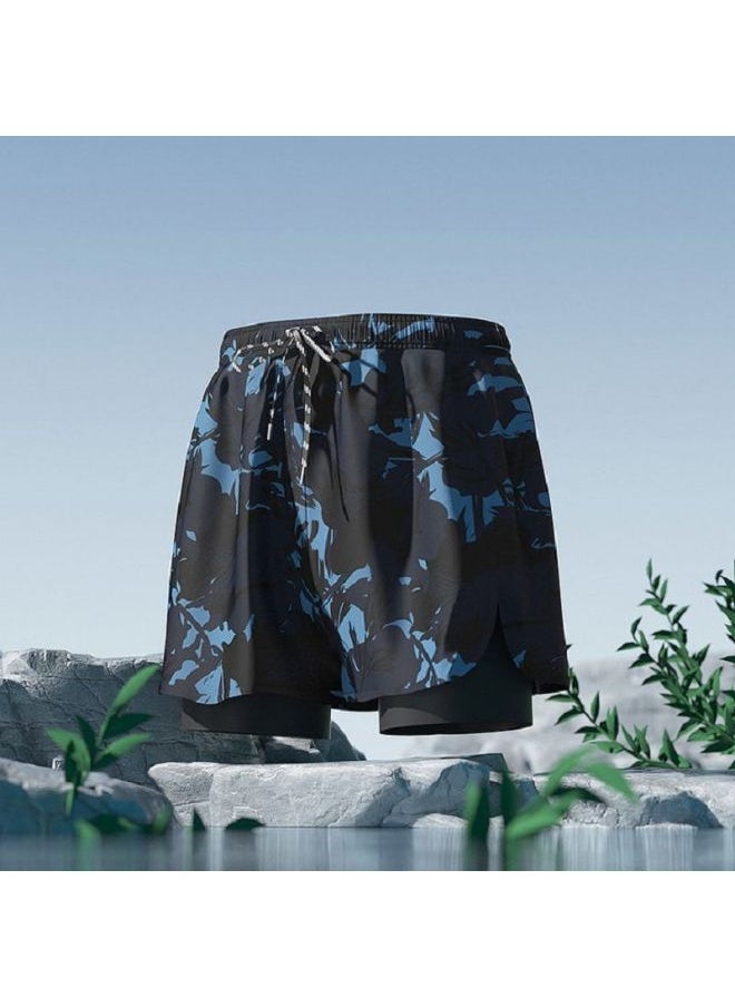 Swimming Trunks Men's Quick-drying Plus Size Anti-embarrassment Professional Double-layer Beach Pants Full Set Of Hot Spring Swimsuit Equipment Full Set-Color:Black + Swimming Cap-