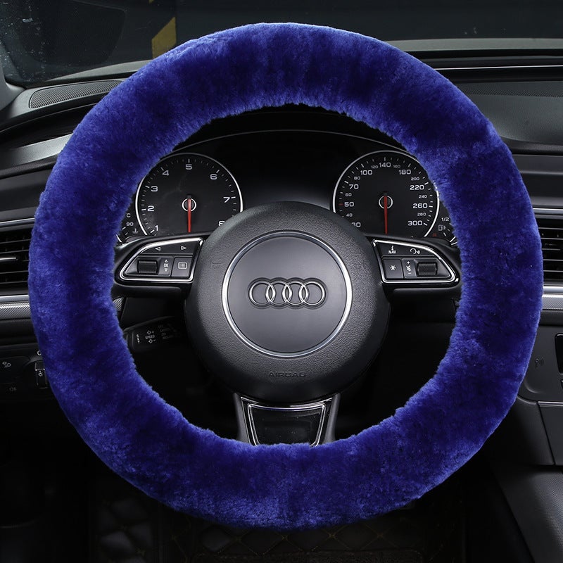 Generic New car wool steering wheel cover wool short plush cute wool car handle cover winter handle cover fur one Sapphire Blue 