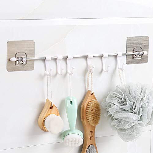 ZOMOZA Multi-Purpose Rustproof Stainless Steel Rail with 6 Plastic Hooks Bathroom Kitchen Sticker Hanger for Storage Towel Kitchenware Hook Hanger - Multicolour - Image 1