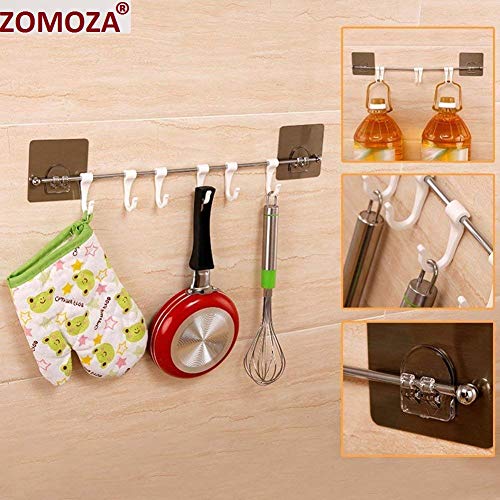 ZOMOZA Multi-Purpose Rustproof Stainless Steel Rail with 6 Plastic Hooks Bathroom Kitchen Sticker Hanger for Storage Towel Kitchenware Hook Hanger - Multicolour - Image 3