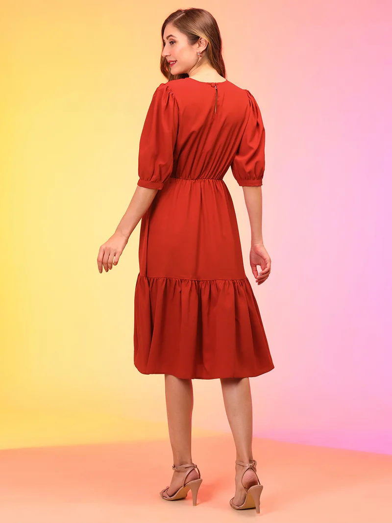 globus Women Rust Puff Sleeve Crepe Fit & Flare Midi Dress
