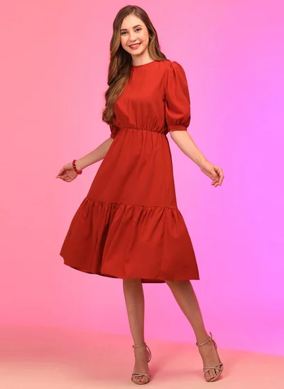 globus Globus Women Rust Puff Sleeve Crepe Fit & Flare Midi Dress