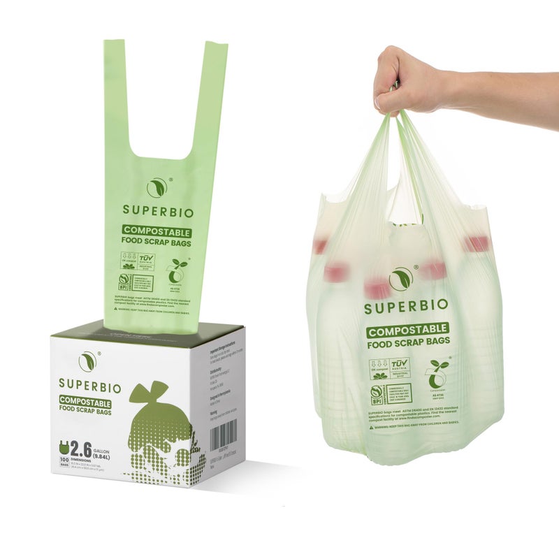 SUPERBIO 2.6 Gallon Compostable Bags with Handles, 100 Count,1 Pack, Food Scrap Bags Certified by BPI and OK compost INDUSTRIAL, 9.84L - Image 1