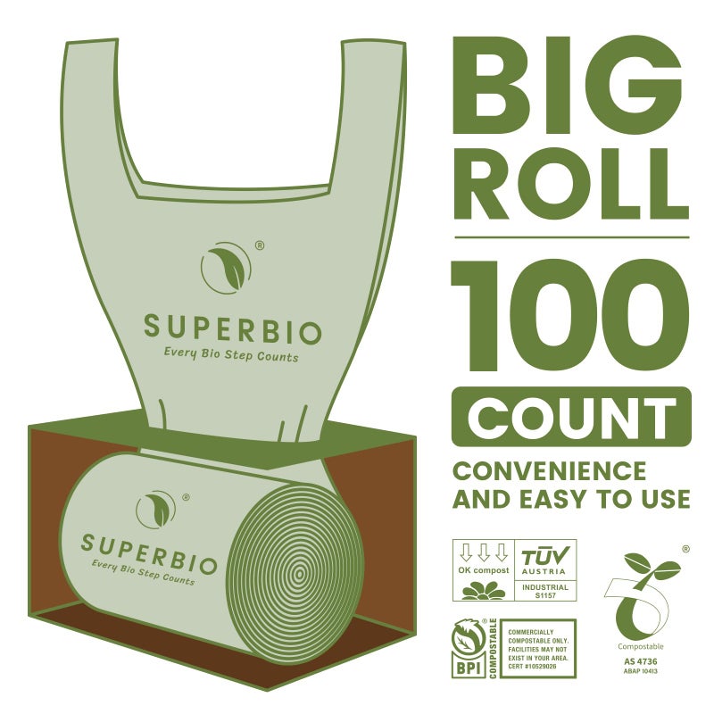 SUPERBIO 2.6 Gallon Compostable Bags with Handles, 100 Count,1 Pack, Food Scrap Bags Certified by BPI and OK compost INDUSTRIAL, 9.84L - Image 2