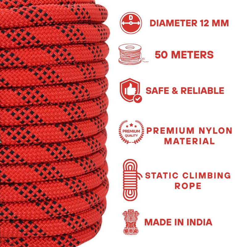 White Tech Rock Climbing Rope (12mm 50Mtr) 24KN Breaking Strength Ideal for for Zipline,Mountaineering & Rock Climbing, Rappelling Rope, Rescue and Safety Durable Nylon Construction Lightweight (Red) - Image 2