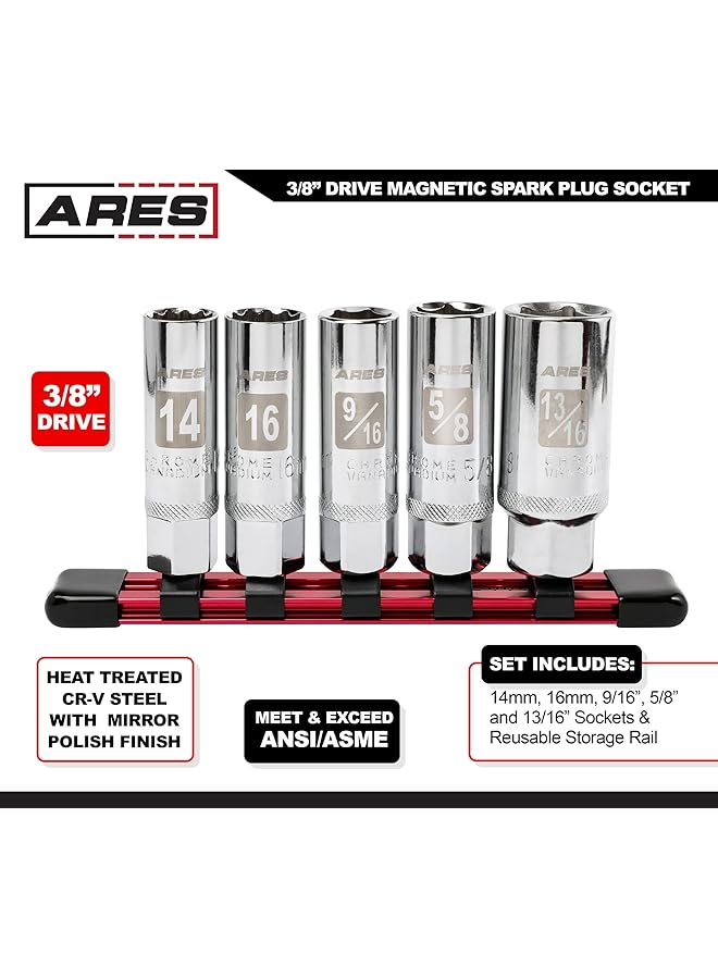 ARES 11016-5-Piece Magnetic Spark Plug Socket Set - Includes 14Mm And 16Mm Thin Wall Sockets And 9/16-Inch, 5/8-Inch, And 13/16-Inch Sockets - Convenient Reusable Storage Rail Included - Image 2