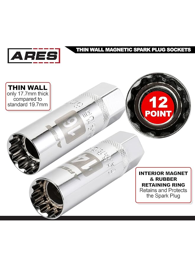 ARES 11016-5-Piece Magnetic Spark Plug Socket Set - Includes 14Mm And 16Mm Thin Wall Sockets And 9/16-Inch, 5/8-Inch, And 13/16-Inch Sockets - Convenient Reusable Storage Rail Included - Image 3