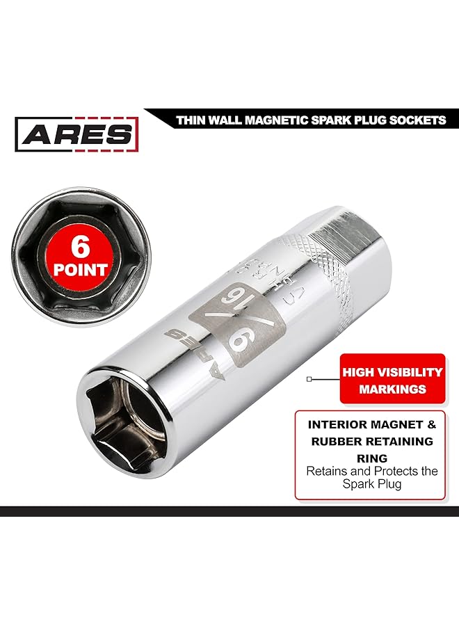 ARES 11016-5-Piece Magnetic Spark Plug Socket Set - Includes 14Mm And 16Mm Thin Wall Sockets And 9/16-Inch, 5/8-Inch, And 13/16-Inch Sockets - Convenient Reusable Storage Rail Included - Image 4