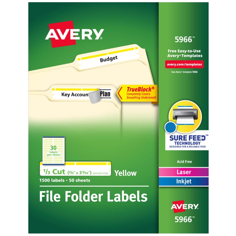 Avery TrueBlock File Folder Labels, 2/3" x 3-7/16", 1,500 Printable Labels, White/Yellow, Permanent (5966) - Image 1