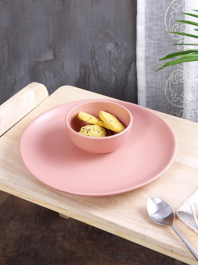 STONEWARE PINK SANGO COUPE SHAPE 2 PCS DINNER PLATES 4 PCS VEG BOWLS DINNER SET OF 6 PCS PREMIUM CROCKERY PERFECT FOR GIFTING