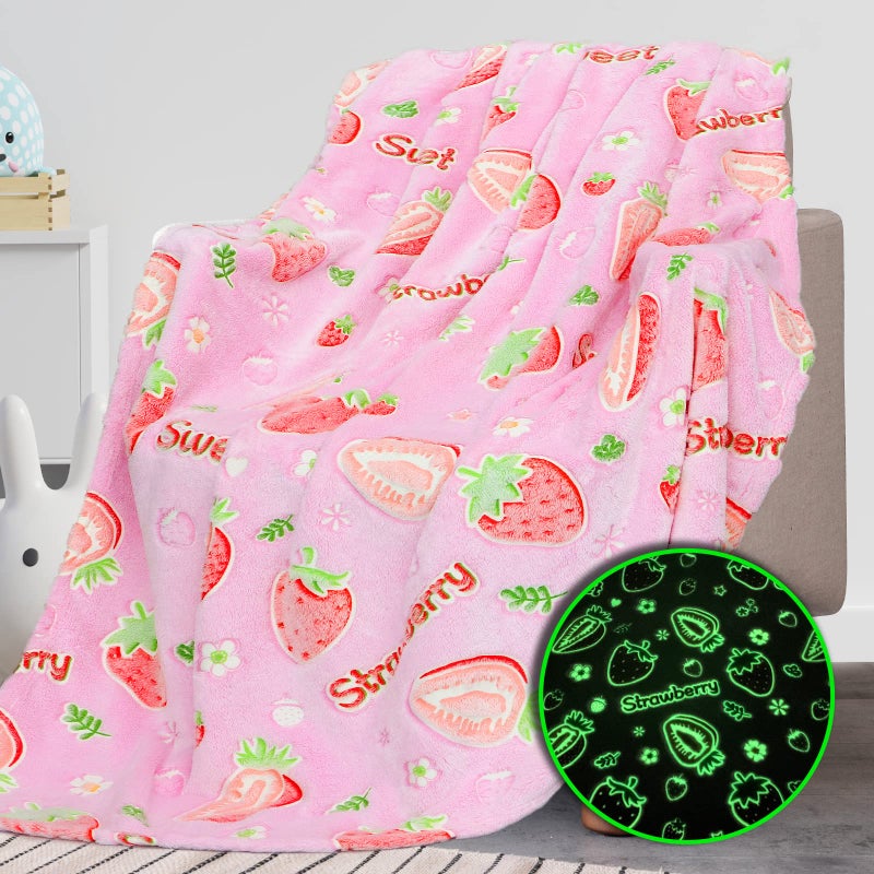 REXEO Flannel Throw Blanket 50 x 60in Glow in The Dark Fluorescent Strawberry Lightweight Fiber Plush for Girls Kids Birthday Christmas Gifts