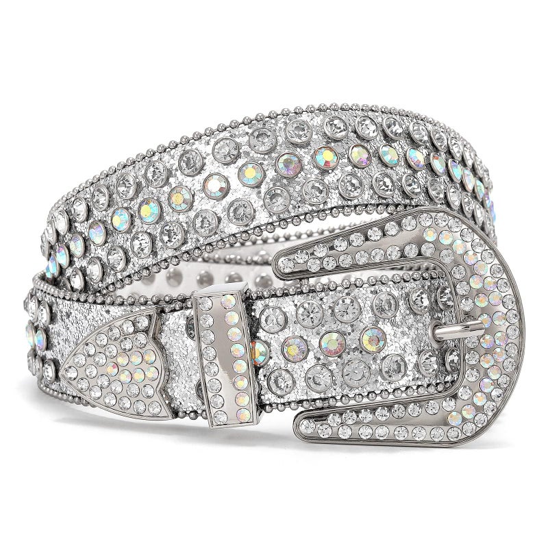 WHIPPY Women Western Rhinestones Belts Men Studded Belt for Jeans Bling Cowgirl Cowboy Waist Belt with Removable Buckle, Silver Sequin, S - Image 1