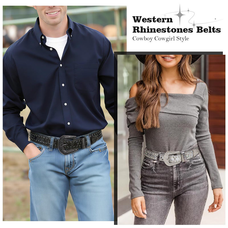 WHIPPY Women Western Rhinestones Belts Men Studded Belt for Jeans Bling Cowgirl Cowboy Waist Belt with Removable Buckle, Silver Sequin, S - Image 4