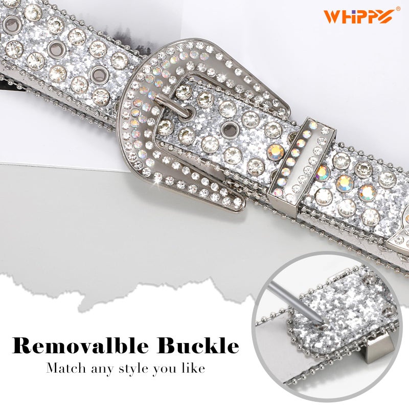WHIPPY Women Western Rhinestones Belts Men Studded Belt for Jeans Bling Cowgirl Cowboy Waist Belt with Removable Buckle, Silver Sequin, S - Image 5