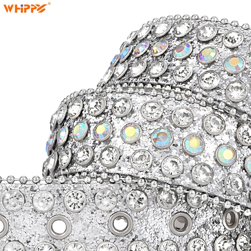 WHIPPY Women Western Rhinestones Belts Men Studded Belt for Jeans Bling Cowgirl Cowboy Waist Belt with Removable Buckle, Silver Sequin, S - Image 2
