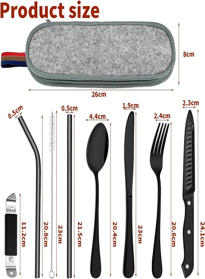 JUVIW Portable Utensils, 304 Stainless Steel Travel Camping Cutlery Set, 8-Piece Including Opener Fork Spoon Straws Cleaning Brush Waterproof Case (Black) - Image 2