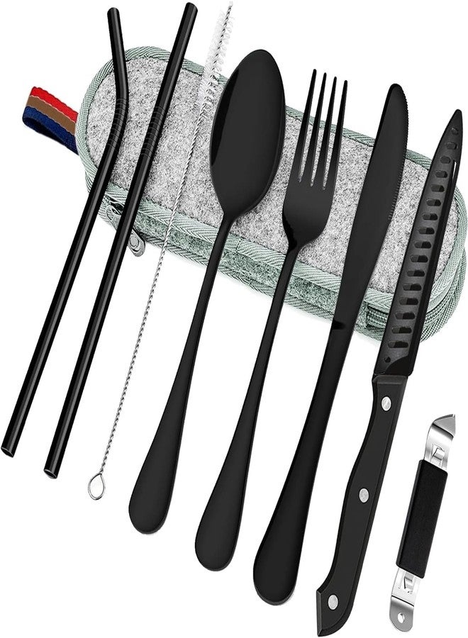JUVIW Portable Utensils, 304 Stainless Steel Travel Camping Cutlery Set, 8-Piece Including Opener Fork Spoon Straws Cleaning Brush Waterproof Case (Black) - Image 1