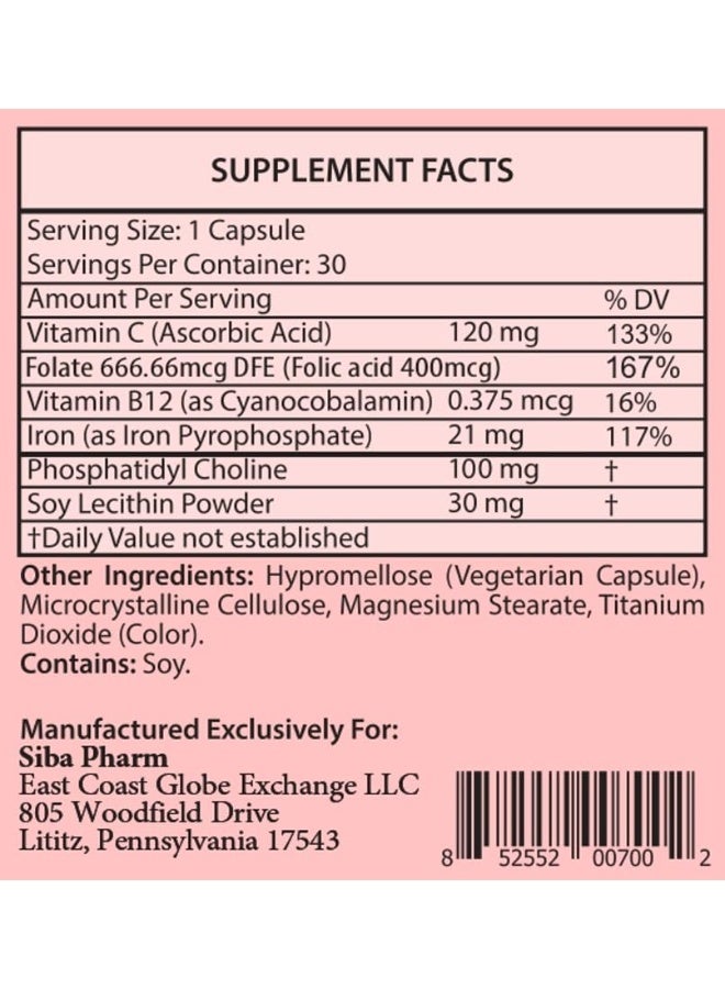 فييروسوم Dietry Iron Vitamins Supplement | Rich in Vitamin C, B12, Folic Acid| Non GMO, Vegan, Premium Quality| Helps New Blood Cell Production | 30 Capsules - Image 3