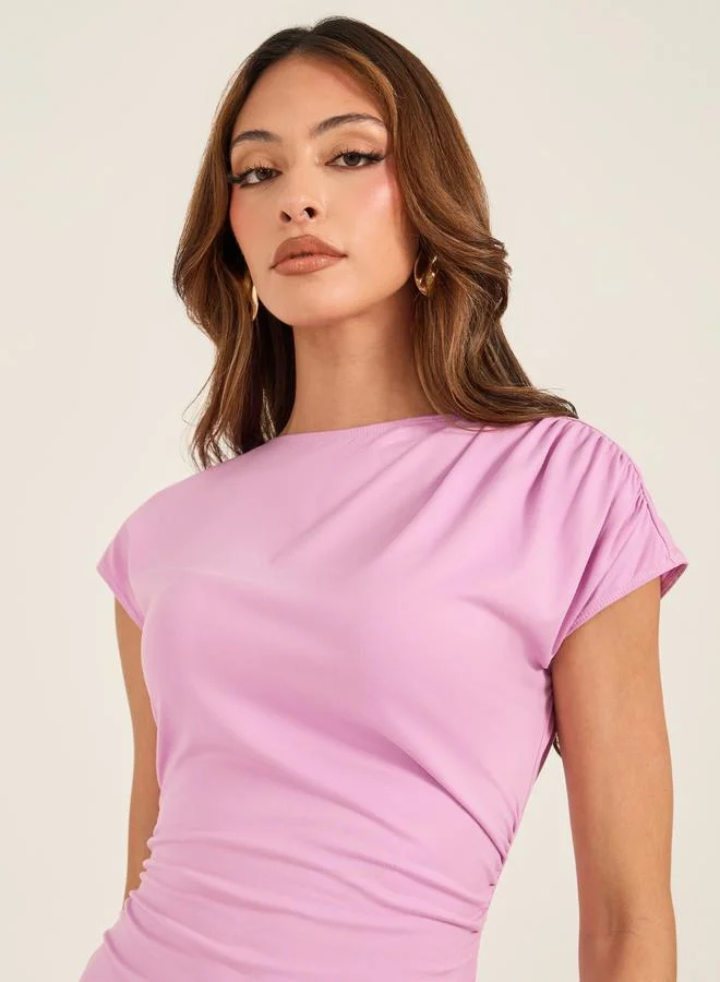 Take Two Solid Gathered Detail Bodycon Maxi Dress with Side Slit