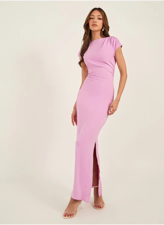 لوكس ويف Solid Gathered Detail Bodycon Maxi Dress with Side Slit