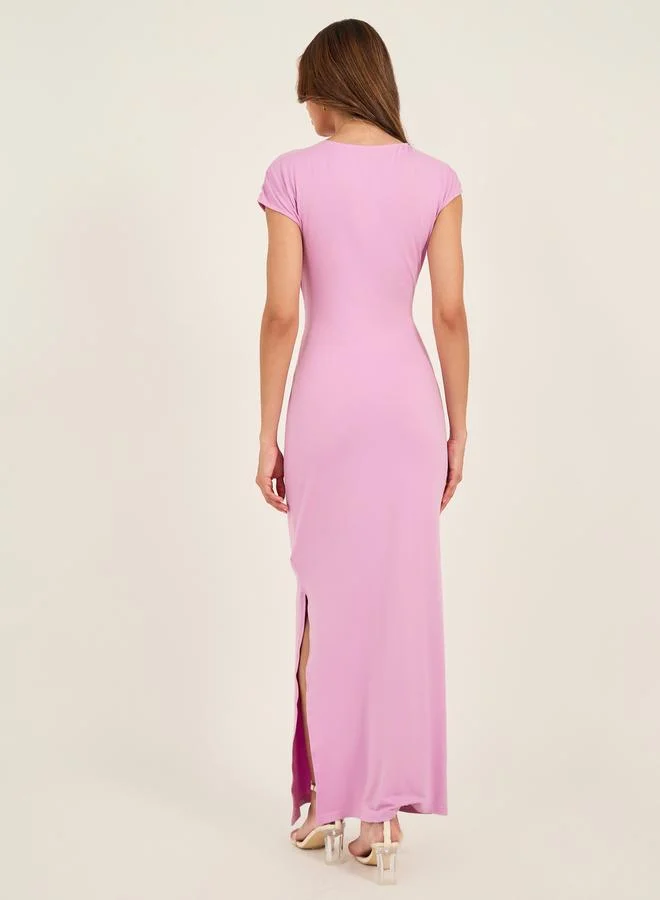 Take Two Solid Gathered Detail Bodycon Maxi Dress with Side Slit