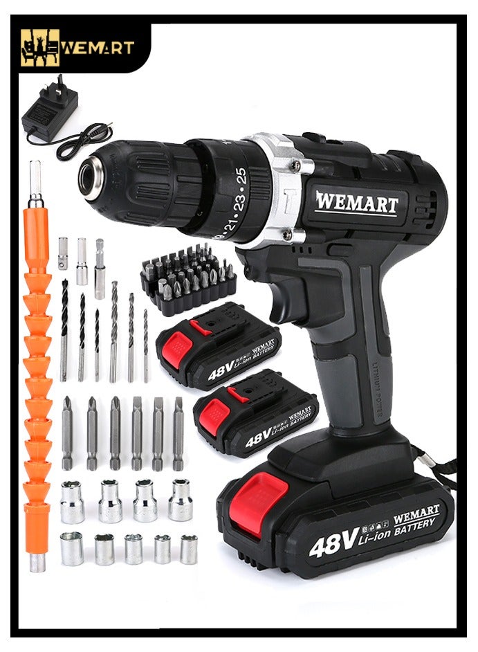 WEMART 48V Variable Speed ​​Drive Drill, 25+3 Position Clutch, 186 lbs Max Torque, Two Li-Ion Batteries and Fast Charger, 3/8" Keyless Metal Chuck, LED Work Light, 24 Accessories + 32 Position Box, Black - Image 1