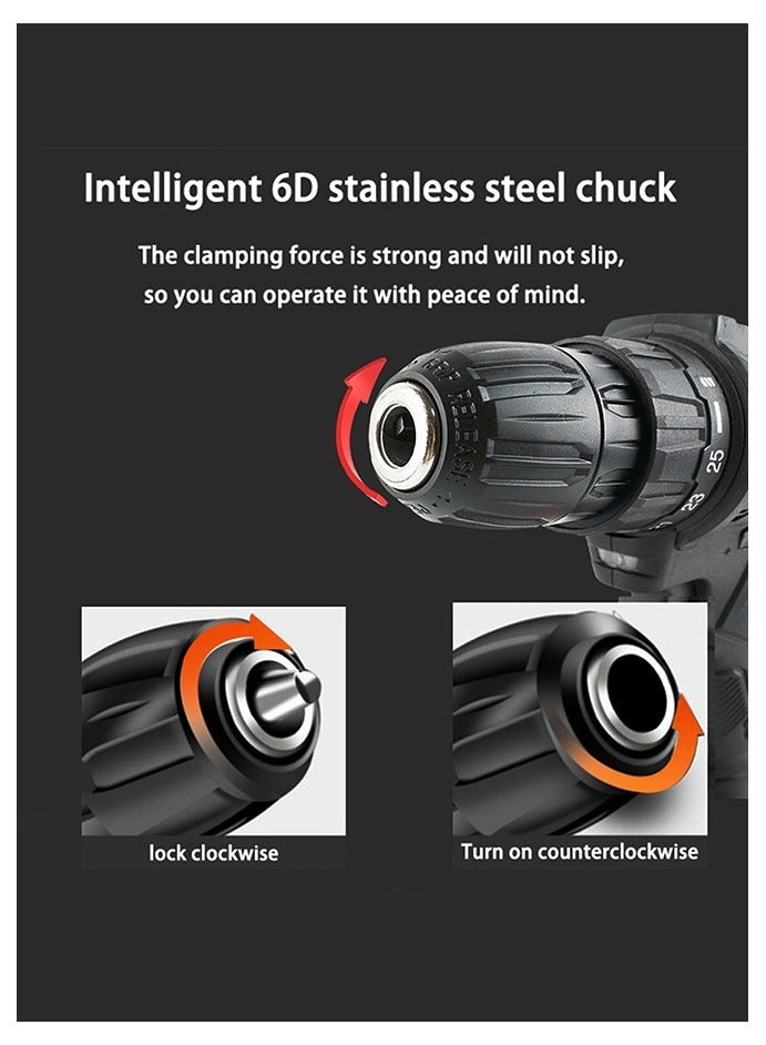 WEMART 48V Variable Speed ​​Drive Drill, 25+3 Position Clutch, 186 lbs Max Torque, Two Li-Ion Batteries and Fast Charger, 3/8" Keyless Metal Chuck, LED Work Light, 24 Accessories + 32 Position Box, Black - Image 2