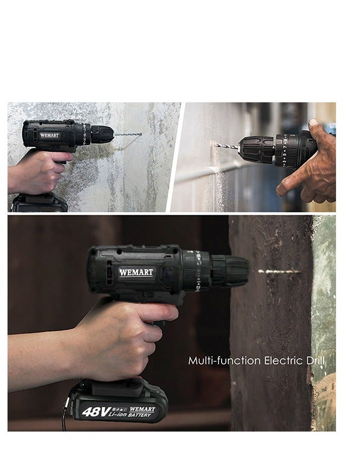 WEMART 48V Variable Speed ​​Drive Drill, 25+3 Position Clutch, 186 lbs Max Torque, Two Li-Ion Batteries and Fast Charger, 3/8" Keyless Metal Chuck, LED Work Light, 24 Accessories + 32 Position Box, Black - Image 3