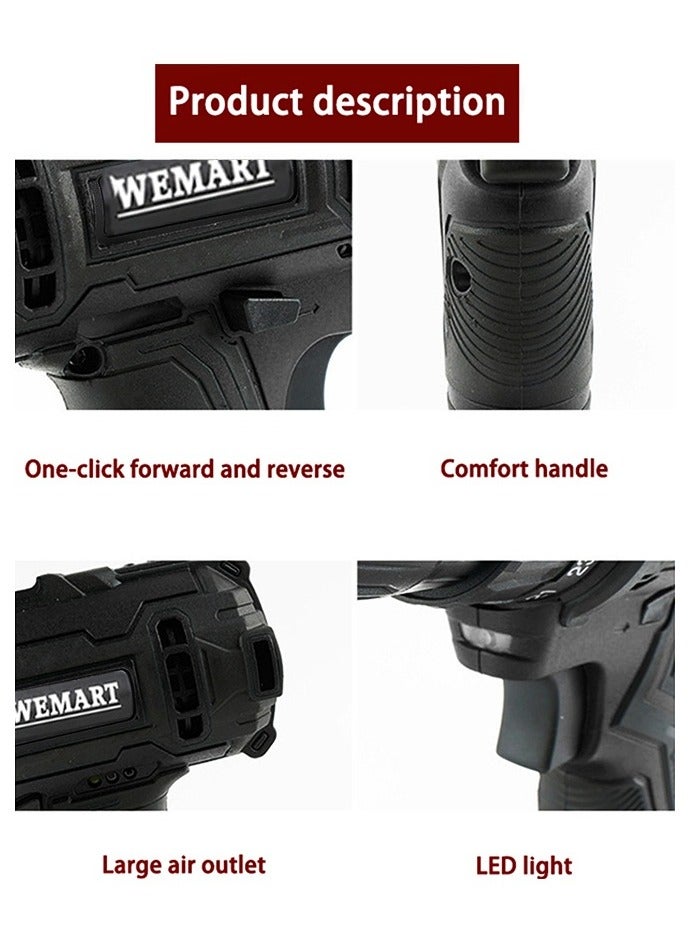 WEMART 48V Variable Speed ​​Drive Drill, 25+3 Position Clutch, 186 lbs Max Torque, Two Li-Ion Batteries and Fast Charger, 3/8" Keyless Metal Chuck, LED Work Light, 24 Accessories + 32 Position Box, Black - Image 4