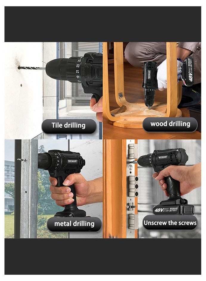 WEMART 48V Variable Speed ​​Drive Drill, 25+3 Position Clutch, 186 lbs Max Torque, Two Li-Ion Batteries and Fast Charger, 3/8" Keyless Metal Chuck, LED Work Light, 24 Accessories + 32 Position Box, Black - Image 5