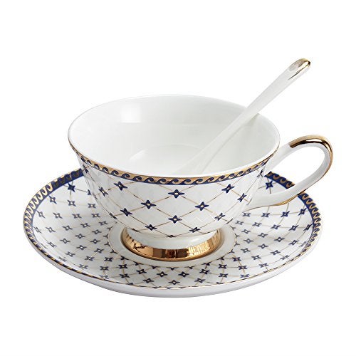 Porlien Royal Blue Star-night Porcelain 7-ounce Teacup and Saucer Set with 6-inch Coffee Spoon - Image 1
