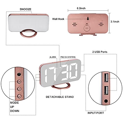 SZELAM Alarm Clock for Bedroom,LED and Mirror Digital Clock Large Display,with Dual USB Charger Ports,Auto Dim,Snooze Mode,Modern Desk/Wall Electronic Clock for Girl Woman Mom Teens - Rose Gold - Image 4