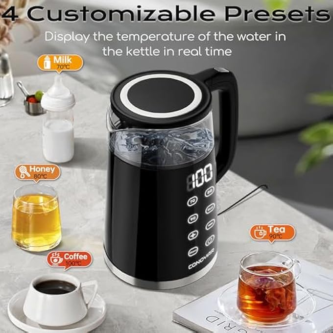 CONOYAR Electric Kettle 2200W Fast Water Boiler 17L Glass Kettle With 4 Temperature Control For Led Touch Screen Double Wall Anti Scald Boiler Up To 2H Keep Warm For Home Auto Shut Off - Image 5