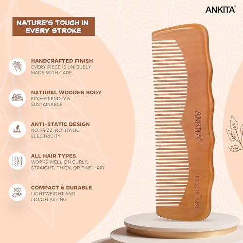 Ankita Wooden Handmade Hair Combs|No Static Hair Comb With Rounded Handle for Men, Women and Kids|Natural & Eco-Friendly|Anti-Bacterial Hair Styling Comb with Fine Teaths|(W-18) - Image 3
