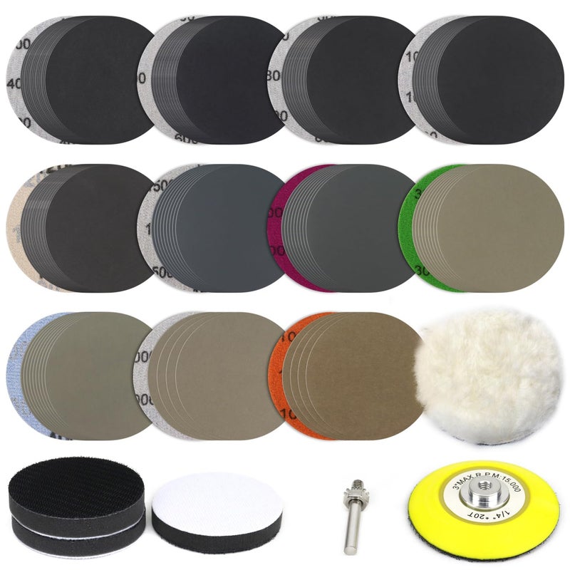 POLIWELL 150 PCS 3 Inch Sanding Discs Silicon Carbide 400-10000 Grits Wet/Dry Hook and Loop Sandpaper for Drill Grinder Rotary Tools with 1/4 in Backing Pad, Wool Pad and 3pcs Soft Foam Pads - Image 1