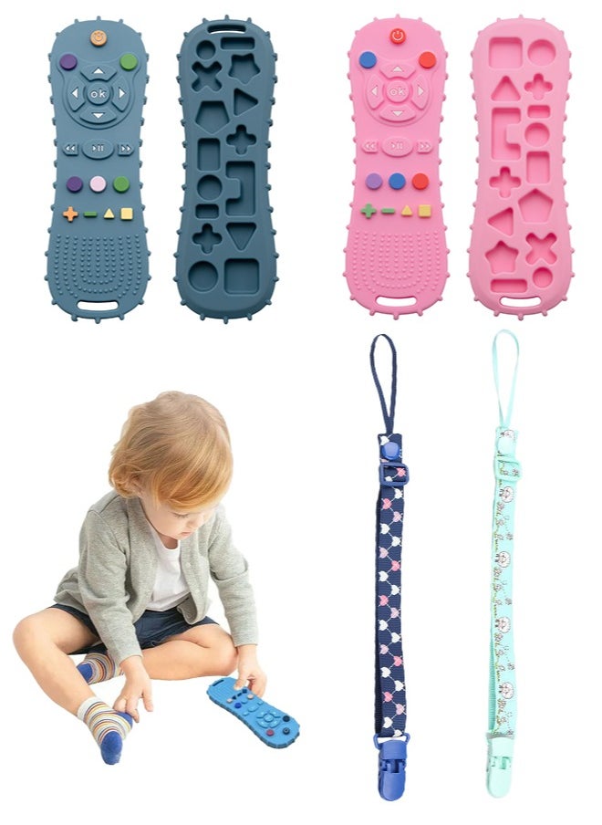 Dominy - Soft Chew Toys with TV Remote Shape, Early Educational Sensory Toys for Teething Relief and Soothing Gum Sores for Babies Baby Teethers，With 2PCS Adjustable length pacifier clamps - Image 1