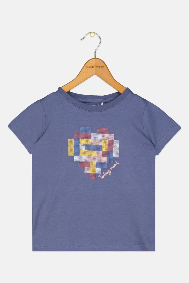 NAME IT Toddlers Girl Crew Neck Short Sleeve Embroidered Top, Slate Blue - Image 1