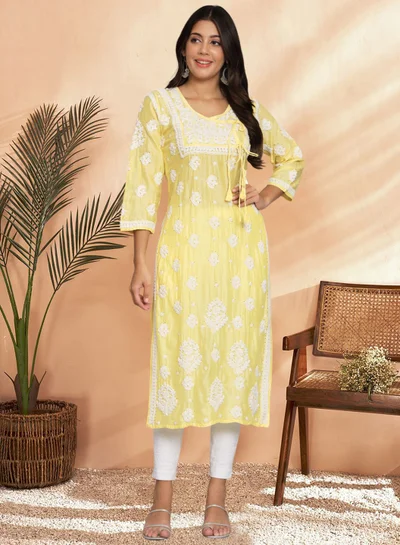 Alaya Hand Embroidered Chikankari Chanderi Angarkha Kurta With Mukaish Work-AL3672