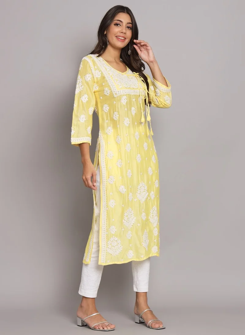 Alaya Hand Embroidered Chikankari Chanderi Angarkha Kurta With Mukaish Work-AL3672
