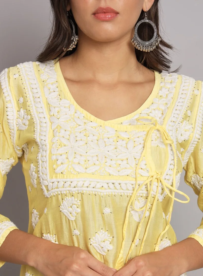 Alaya Hand Embroidered Chikankari Chanderi Angarkha Kurta With Mukaish Work-AL3672