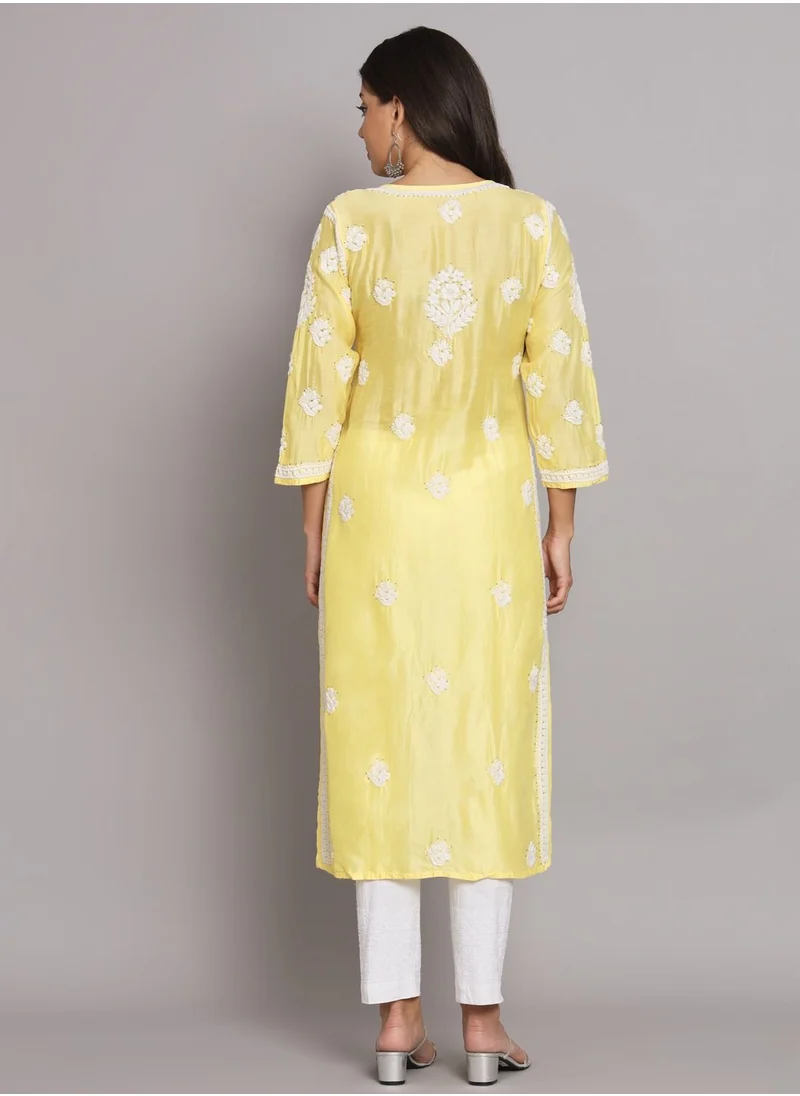 Alaya Hand Embroidered Chikankari Chanderi Angarkha Kurta With Mukaish Work-AL3672