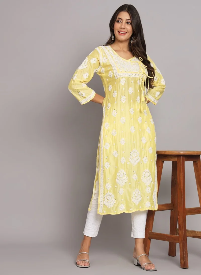 Alaya Hand Embroidered Chikankari Chanderi Angarkha Kurta With Mukaish Work-AL3672