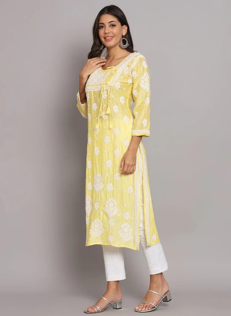 Alaya Hand Embroidered Chikankari Chanderi Angarkha Kurta With Mukaish Work-AL3672