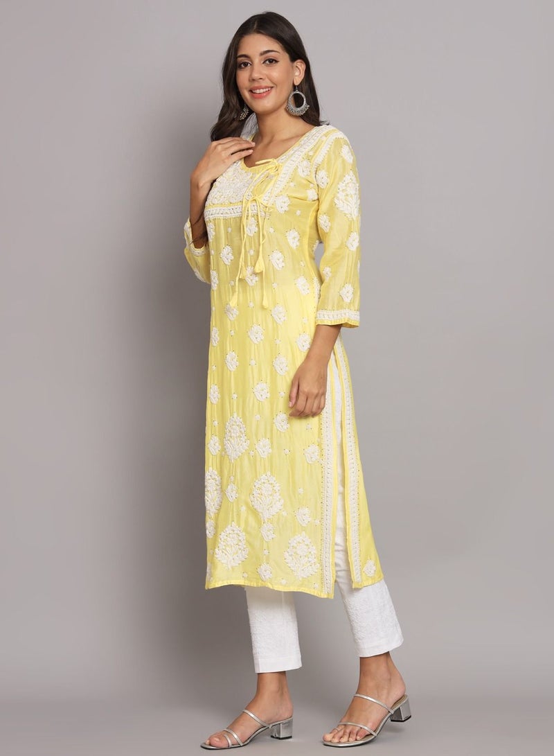 Alaya Hand Embroidered Chikankari Chanderi Angarkha Kurta With Mukaish Work-AL3672 - Image 4
