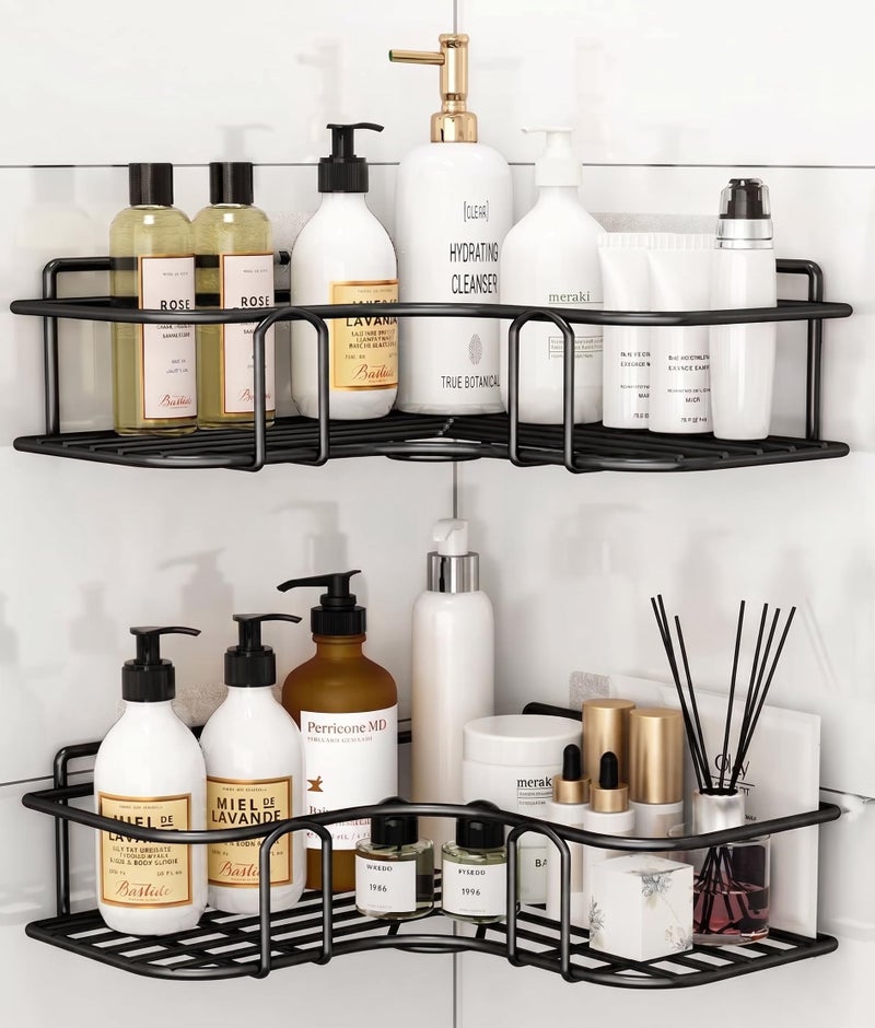 Shynora Shelf-Adhesive Bathroom & Kitchen Corner Storage Organizer Rack/Shelf Wall Mounted (No Drilling Required) | Bathroom Accessories Metal with Powder Coated Finish (Black, Pack of 2) - Image 1