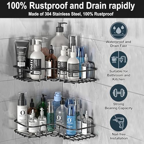 Shynora Shelf-Adhesive Bathroom & Kitchen Corner Storage Organizer Rack/Shelf Wall Mounted (No Drilling Required) | Bathroom Accessories Metal with Powder Coated Finish (Black, Pack of 2) - Image 2